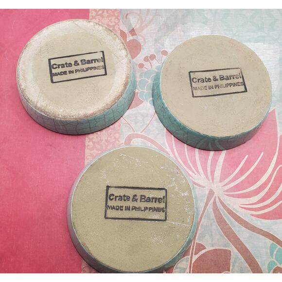 Crate & Barrel Set Of 3 Planter Pots Celedon Crackle Glaze 4" Tall 3" Saucers - Picture 2 of 8